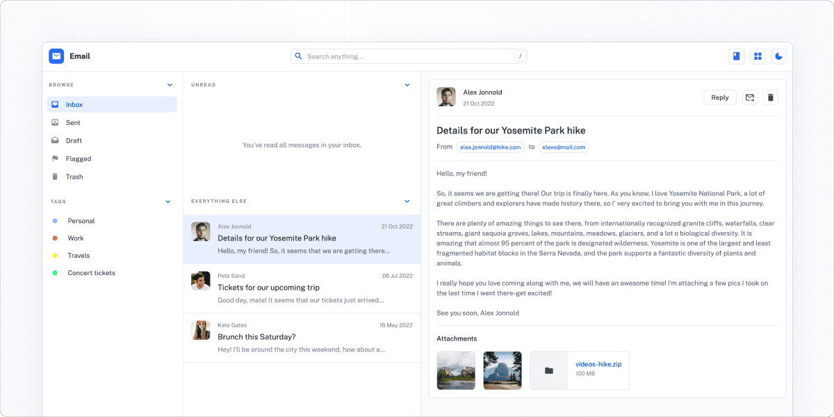 Screenshot of an email application mockup built with Joy UI